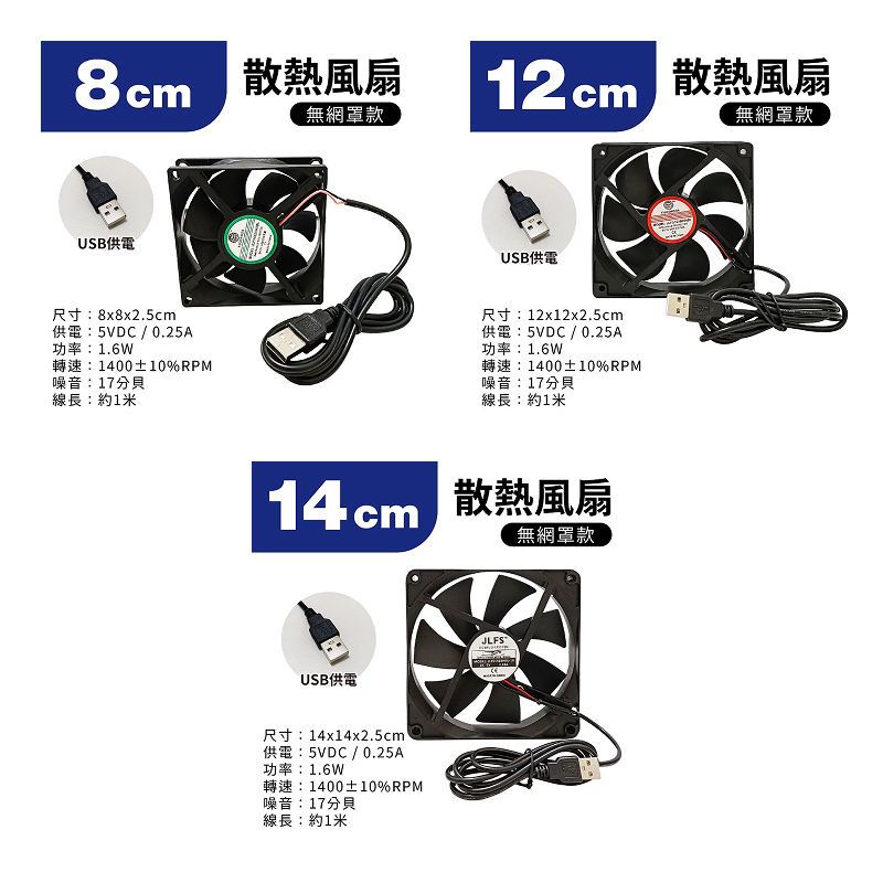 USB 超靜音非充電型散熱風扇 (無網罩 / 單網罩 / 雙網罩)